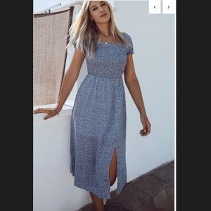 Smocked blue and white midi dress